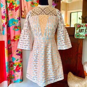 foxiedox Striped Lace Puff-Sleeve Mini Dress in Light Blue and Cream